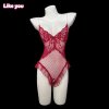 Women's Sensual Pearl-Chain Strap Bodysuit - Sheer Deep V Lace Sleepwear with Open-Crotch Design