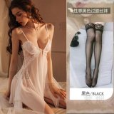 0859 White button-down nightgown + thong + black stockings