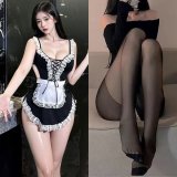 Sweet and alluring cute maid set (4 pieces) + black open-crotch stockings