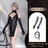 4022 Black Cheongsam Set + [8084 Black Glossy Gloves + 8016 Leather Whip]