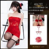 4067 Red Bodycon Skirt [+S12 Red Suspender Black Stockings +8129 Red Bra Chain +8110 Red Hair Flower]