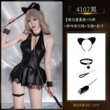 4107 Black Set + [Fluffy Paddle + 8011 Neck Ring Chain Leash + 8047 Ears]
