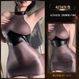 4234 Grey [Bodycon Skirt + T-shirt] + Black Glossy Gloves