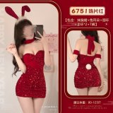 6751 Sequined Red [Strapless Dress + Bunny Ears + Choker + 2 Bracelets + Thong]