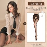 6967 White + Black [Tie + Shirt + Pencil Skirt + Thong] + Black Open Crotch Pantyhose