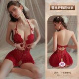 Red open-crotch bodysuit + 7004 red stockings