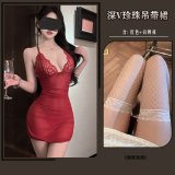 Red and white fishnet stockings