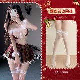 9077 [Chestband + Bandeau Top + Pleated Skirt + 2 Bracelets + Thong] + Fishnet Stockings
