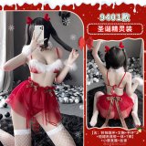 Clearance Sale - 9401 [Bell Necklace + Bra + 2 Bracelets + Mini Skirt and Garterbelt Set + Thong] + Headband + Fishnet Stockings