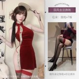 A751 Chinese-style gold-trimmed cheongsam + red-trimmed black stockings