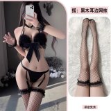 Black fishnet stockings with black lace trim
