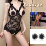 Black bodysuit + nipple covers + black open-crotch stockings