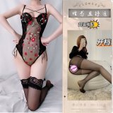 Black bodysuit + black open-crotch stockings