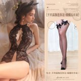 Black (open-crotch bodysuit with exposed chest + bow-tie stockings)