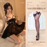 Black (hollowed-out halter dress + thong + bow-tie stockings)