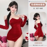 Red dress + arm warmers + thong pants + black stockings