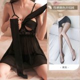0803 [Breast Support] Black Butterfly Nightgown + Panties + Black Open Crotch Stockings