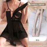 0803 [Breast Support] Black Butterfly Nightgown + Panties + Black Fishnet Stockings