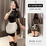 Black cheongsam + apron + underwear + butterfly stockings
