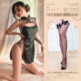 Black (lace-up cheongsam dress + T-shirt + bow-tie stockings)