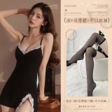 Black (deep V-neck slip dress + thong + boxer stockings)