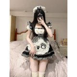 Black dress + headband + apron + choker with bell + stockings