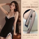 Black (deep V-neck slip dress + thong + lace fishnet stockings)