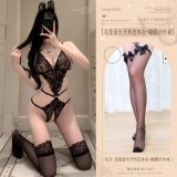Black (floral lace open-crotch bodysuit + bow-tie stockings)