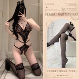 Black (floral lace open-crotch bodysuit + boxer stockings)