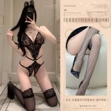Black (floral lace open-crotch bodysuit + lace fishnet stockings)