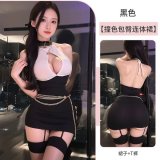Black bodycon secretary [including skirt + thong] + waist chain + suspender stockings