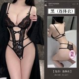 Black bodysuit + black open-crotch stockings