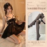 Black (hollowed-out halter dress with exposed breasts + flat stockings)