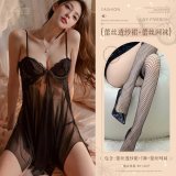 Black (lace sheer skirt + thong + lace fishnet stockings)