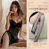 Black (eyelash lace slip dress + thong + lace fishnet stockings)