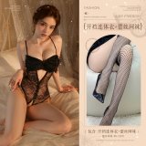 Black (large bow crotchless bodysuit + lace fishnet stockings)