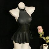 Black patent leather mini skirt + matching suspender stockings + matching gloves