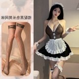 Black and white maid + black fishnet stockings