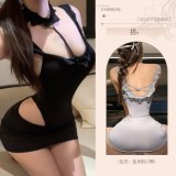 Black bodysuit + pencil skirt + white stockings