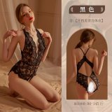 Black bodysuit + black open-crotch stockings