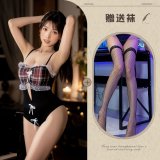 Black checkered bodysuit + black fishnet stockings