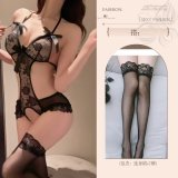 Black open-crotch bodysuit + black stockings
