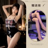 Black plaid bodysuit + black stockings