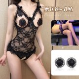 Black bodysuit + nipple covers + black stockings