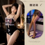 Black plaid bodysuit + black open-crotch socks