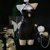 Black cheongsam with 1040 lace-trimmed black fishnet stockings