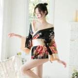 Black and red kimono + obi (belt) + underwear + black fishnet stockings