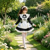 Black short-sleeved bow-tie Lolita dress set (dress + apron + headpiece) + 2 free sleeves