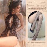Black (open-crotch bodysuit with exposed chest + lace fishnet stockings)