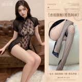 Black (see-through cheongsam + thong + black fishnet stockings)